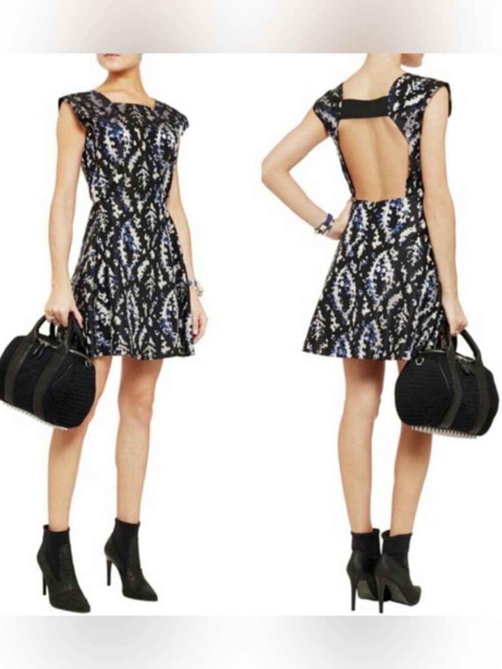Theyskens’ Theory Darko Fembo Silk Jacquard Fit & Flare Dress Black Blue Silver